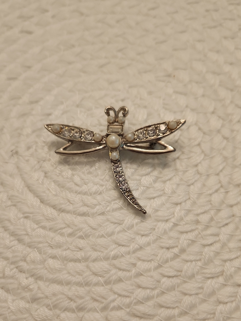 Silver Dragonfly Brooch with Pearl and Crystal Accents